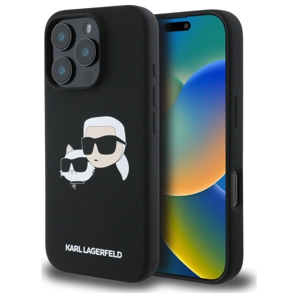 Karl Lagerfeld silikoninis galvų spaudas MagSafe iPhone 16 Pro dėklas – juodas