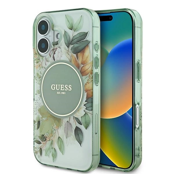 Guess IML gėlė & tonizuotas apskritimas MagSafe dėklas iPhone 16 Plus - žalias