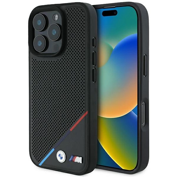 BMW M perforuotos trijų spalvų linijos MagSafe dėklas iPhone 16 Pro - juodas