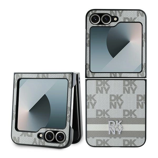 DKNY Dėklas su languotu raštu Samsung Galaxy Z Flip 6 – smėlio
