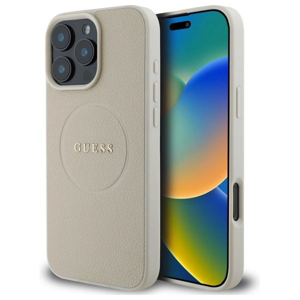 Guess Grained Gold Ring MagSafe iPhone 16 Pro Max dėklas – smėlio spalvos