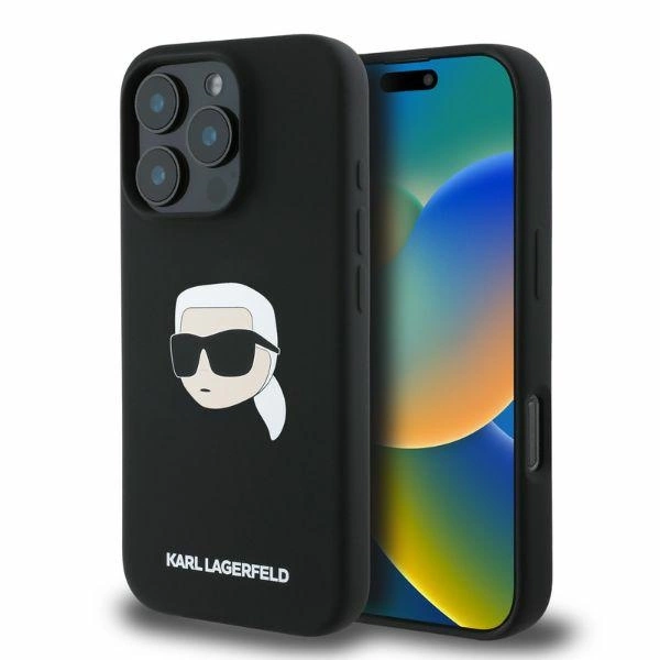 Karl Lagerfeld silikoninis Karl galvos spaudas MagSafe iPhone 16 Pro Max dėklas – juodas