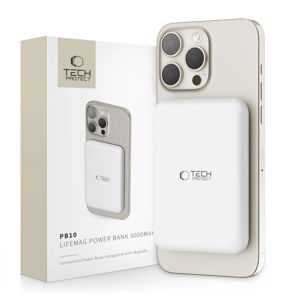 Tech-Protect LifeMag PB10 išorinė baterija su MagSafe 5000mAh 15W USB-C - balta + USB-C laidas