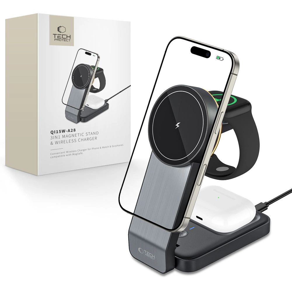Tech-Protect QI15W-A28 MagSafe 3in1 indukcinis įkroviklis su stoveliu telefonui / Apple Watch / AirPods – juodas