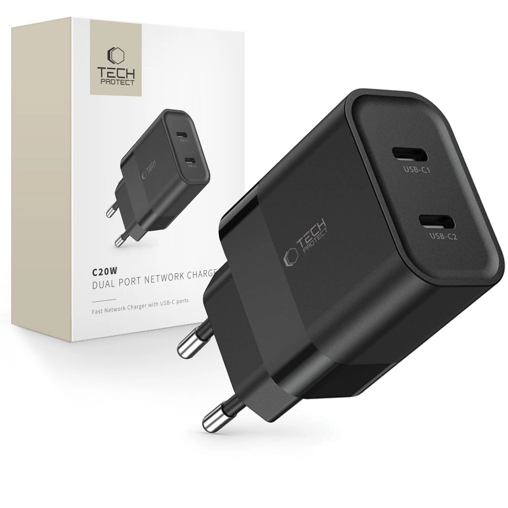 Tech-Protect C20W įkroviklis 2x USB-C PD 20W - juodas