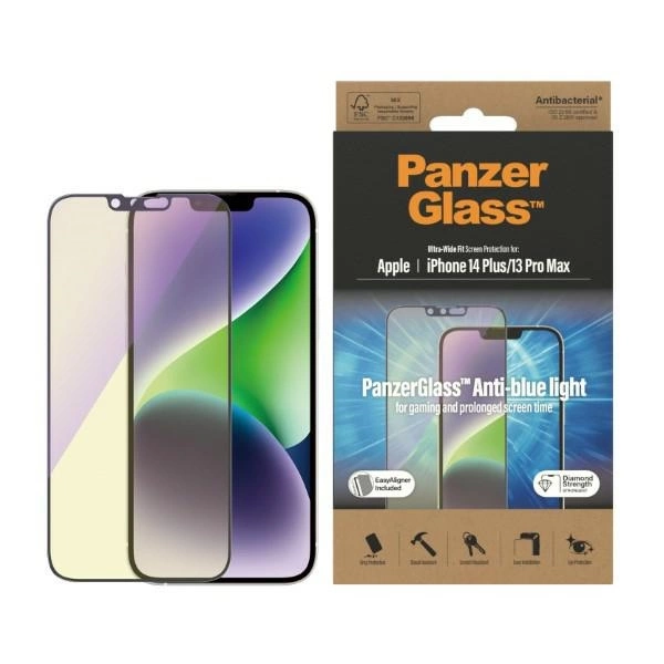 PanzerGlass Ultra-Wide Fit antibakterinis grūdintas stiklas su mėlynos šviesos filtru ir pozicionieriumi, skirtas iPhone 14 Plus / 13 Pro Max