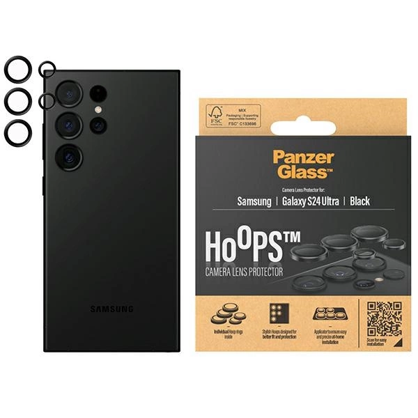 PanzerGlass Hoops kameros apsauga, skirta Samsung Galaxy S24 Ultra – su juodu rėmeliu