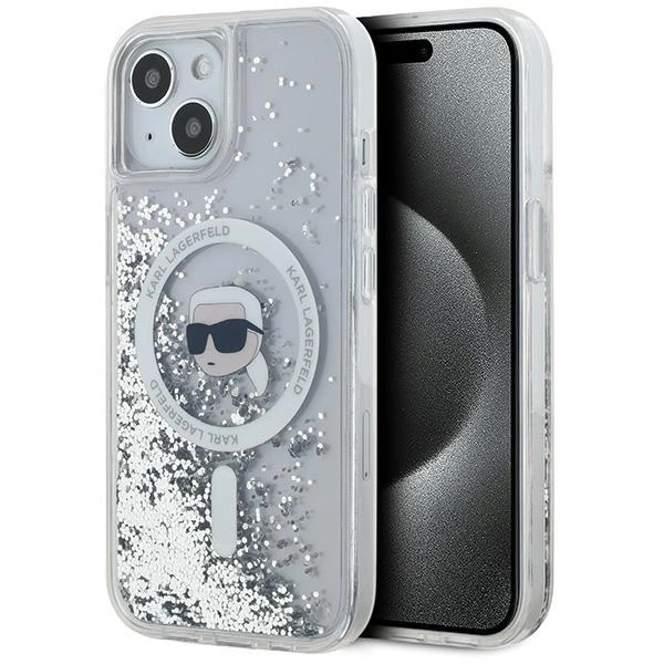 Karl Lagerfeld Liquid Glitter Karl Head MagSafe dėklas skirtas iPhone 15 / 14 / 13 – permatomas