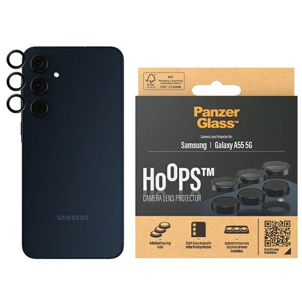 PanzerGlass Hoops kameros apsauga, skirta Samsung Galaxy A55 5G – su juodu rėmeliu