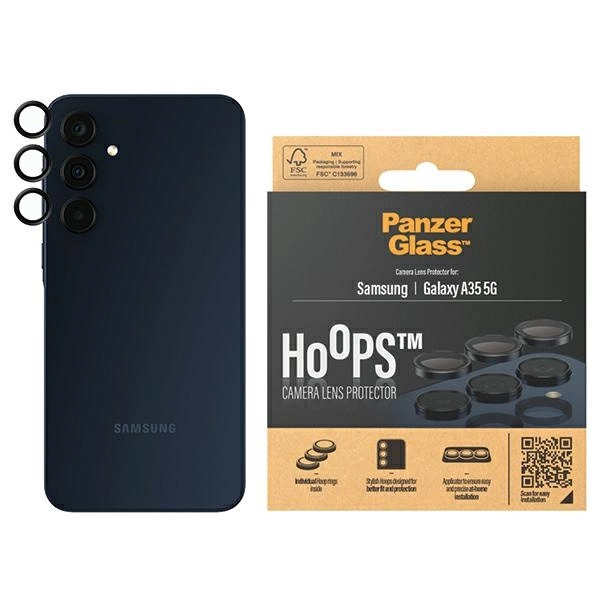 PanzerGlass Hoops kameros apsauga, skirta Samsung Galaxy A35 5G – su juodu rėmeliu