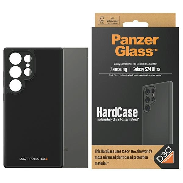 PanzerGlass HardCase su D3O® Bio ir karinio standarto sertifikatu, skirtas Samsung Galaxy S24 Ultra – permatomas ir juodas