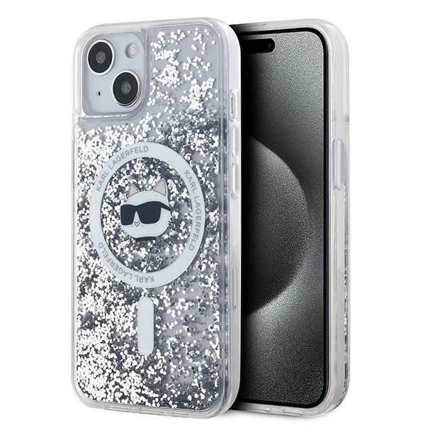 Karl Lagerfeld Liquid Glitter Choupette Head MagSafe dėklas skirtas iPhone 14 / 15 / 13 – permatomas