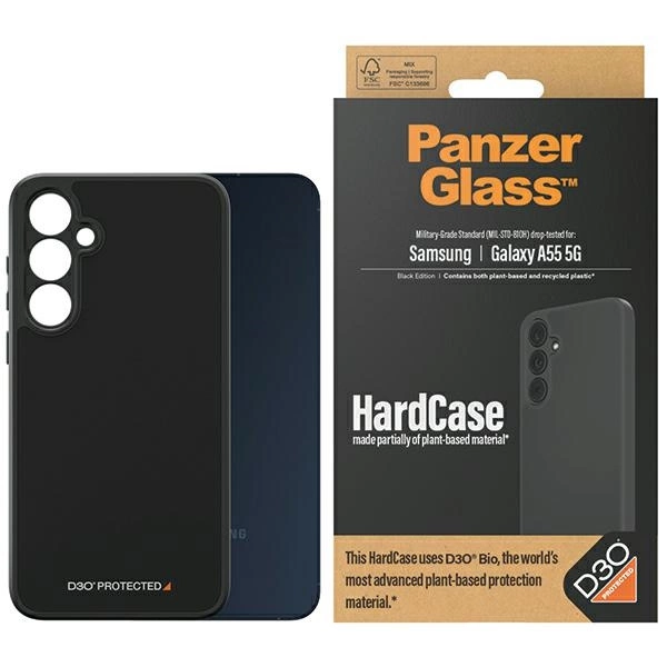 PanzerGlass HardCase su D3O® Bio ir karinio standarto sertifikatu, skirtas Samsung Galaxy A55 5G – permatomas ir juodas