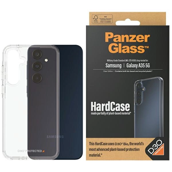 PanzerGlass HardCase su D3O® Bio ir karinio standarto sertifikatu, skirtas Samsung Galaxy A35 5G – permatomas