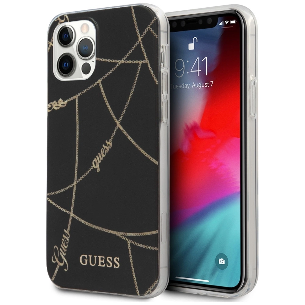 Guess Gold Chain Collection dėklas iPhone 12 Pro Max 6.7” - juodas