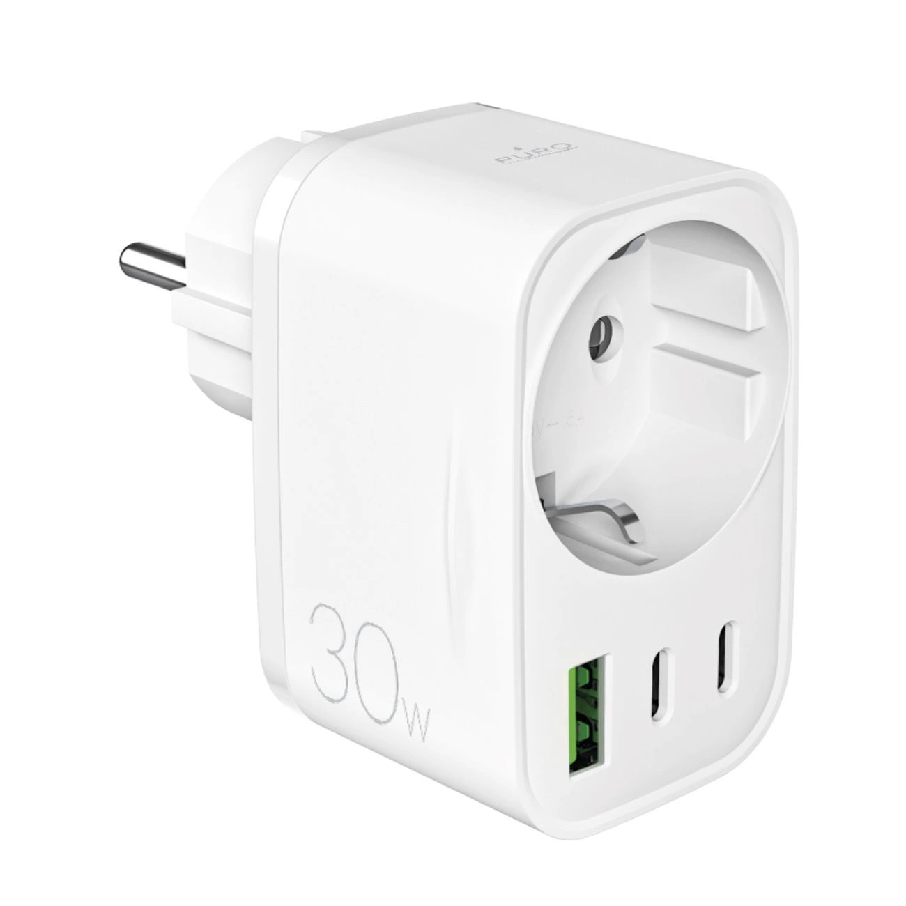 Puro 30W Power Delivery įkroviklis su Schuko kištuku ir lizdu 2x USB-C + 1x USB-A – balta