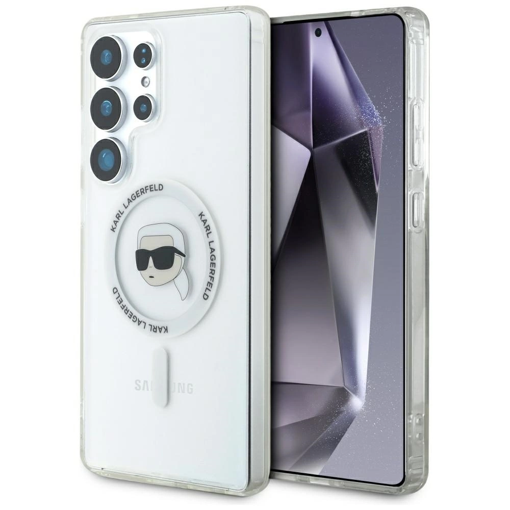 Dėklas Karl Lagerfeld Button Karl Head Printed Logo MagSafe Samsung Galaxy S25 Ultra baltas