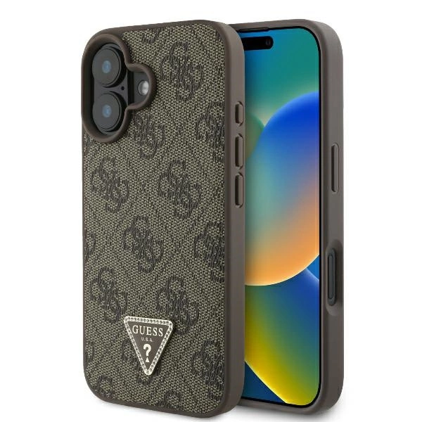 Guess odinis 4G trikampio formos strazų MagSafe dėklas iPhone 16 Plus – rudas