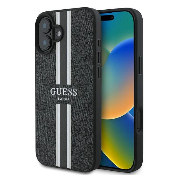 Guess 4G Printed Stripes MagSafe dėklas iPhone 16 Plus – juodas