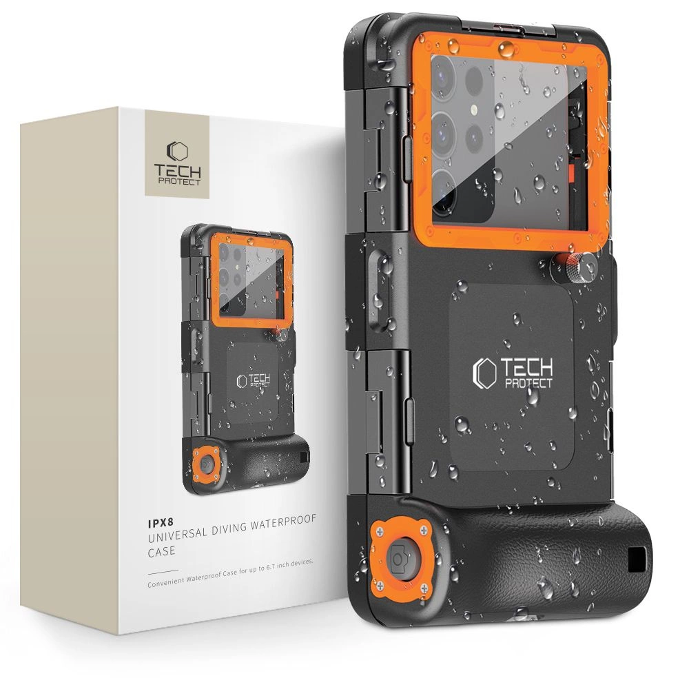Tech-Protect atsparus vandeniui dėklas IPX8 4.7–6.7” telefonams - juodas ir oranžinis