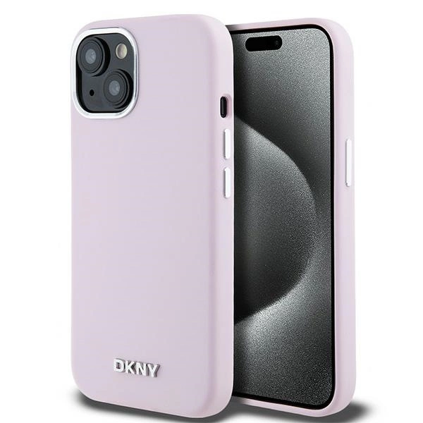 DKNY Liquid Silicone Small Metal Logo MagSafe dėklas iPhone 15 / 14 / 13 – rožinis