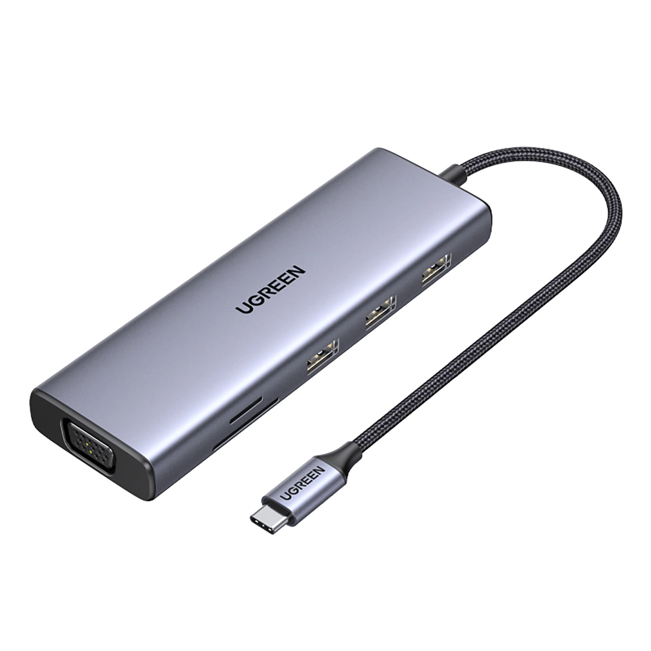 Ugreen CM498 15600 USB-C perėjimas - 3x USB-A 3.0 / HDMI / VGA / RJ45 / SD / TF kortelių skaitytuvas / USB-C PD - pilkas