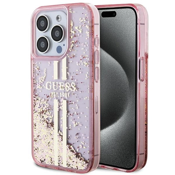 Guess Liquid Glitter Gold Stripes dėklas iPhone 15 Pro - rožinis