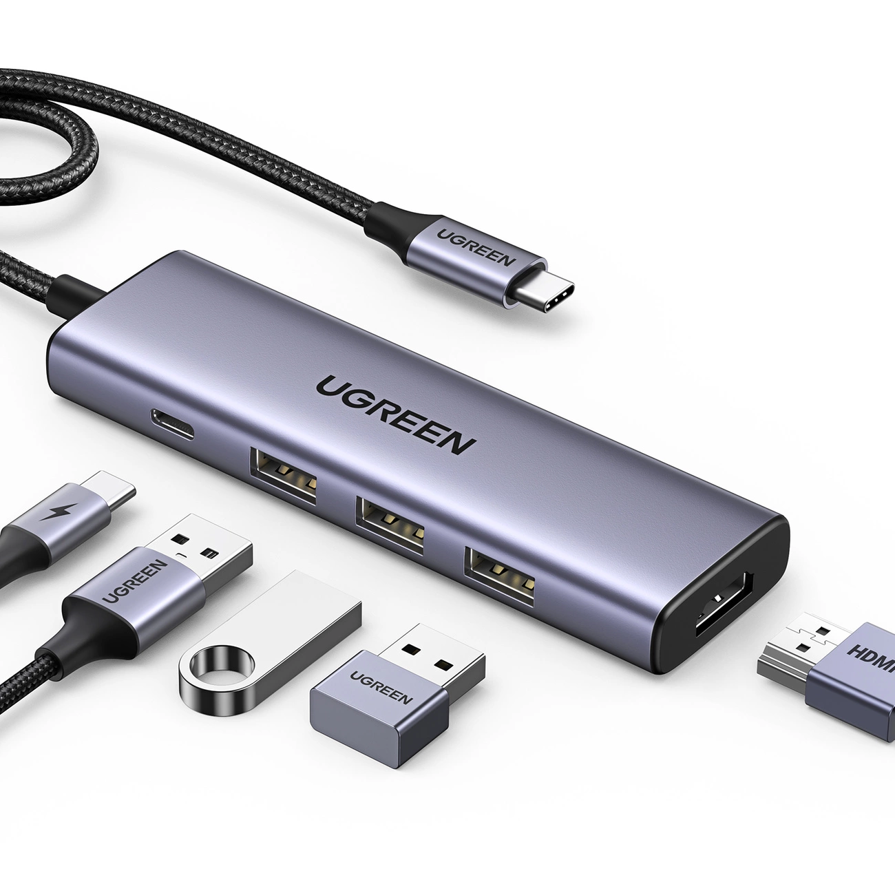 Multifunkcinis HUB 5in1 USB-C – HDMI 1.4 / 3 x USB-A / USB-C PD 100W Ugreen CM511 – pilkas