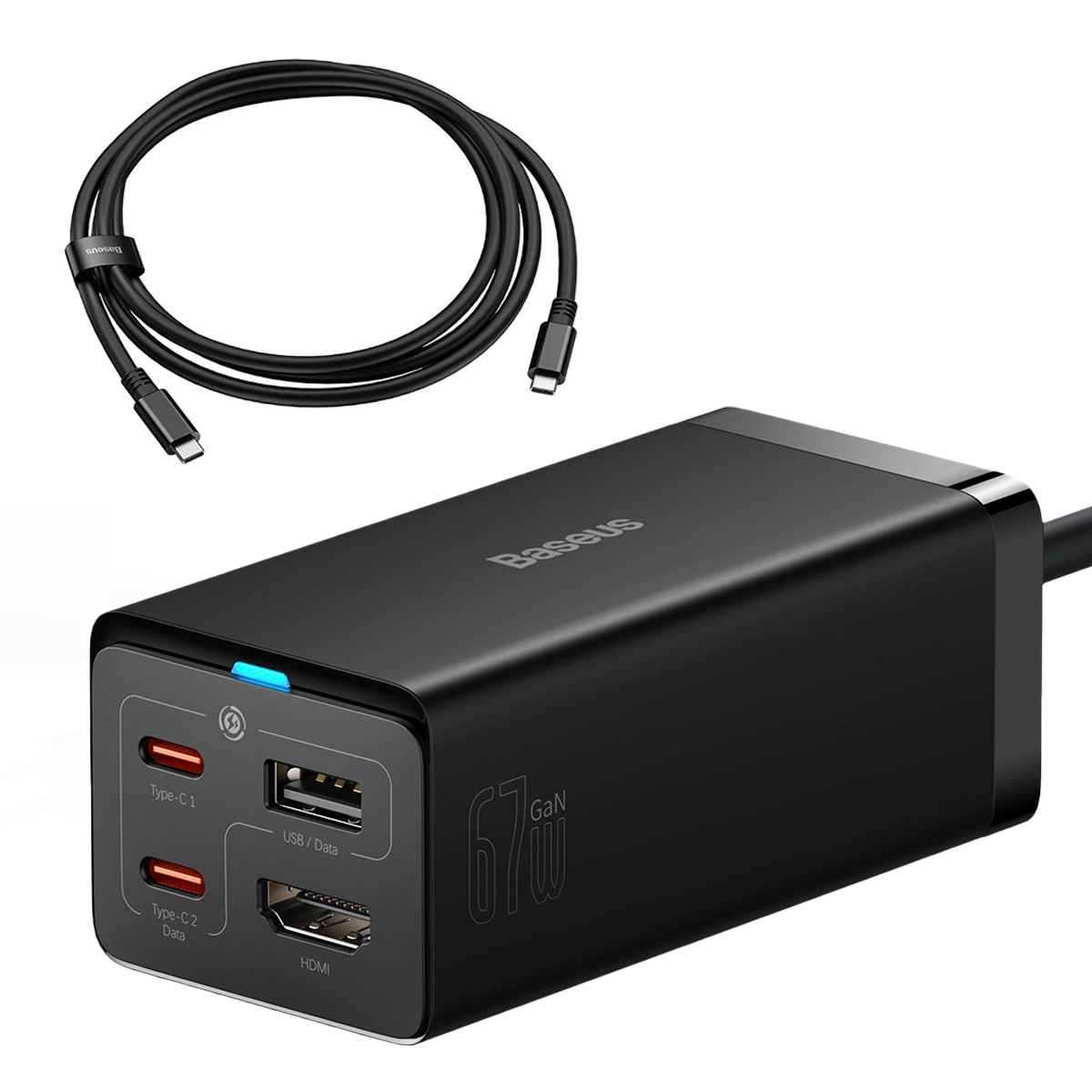 Baseus greitas įkroviklis GaN5 Pro HUB – HDMI 2 x USB-C / USB-A / HDMI 4K 30Hz 1,5 m, juodas + USB-C kabelis 100W 40Gb/s (USB4) 1 m (CCGP110201)