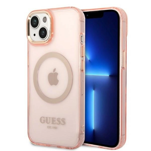 Guess GUHMP14MHTCMP iPhone 14 Plus 6,7" – rožinis/rožinis kietas dėklas, Gold Outline Translucent MagSafe
