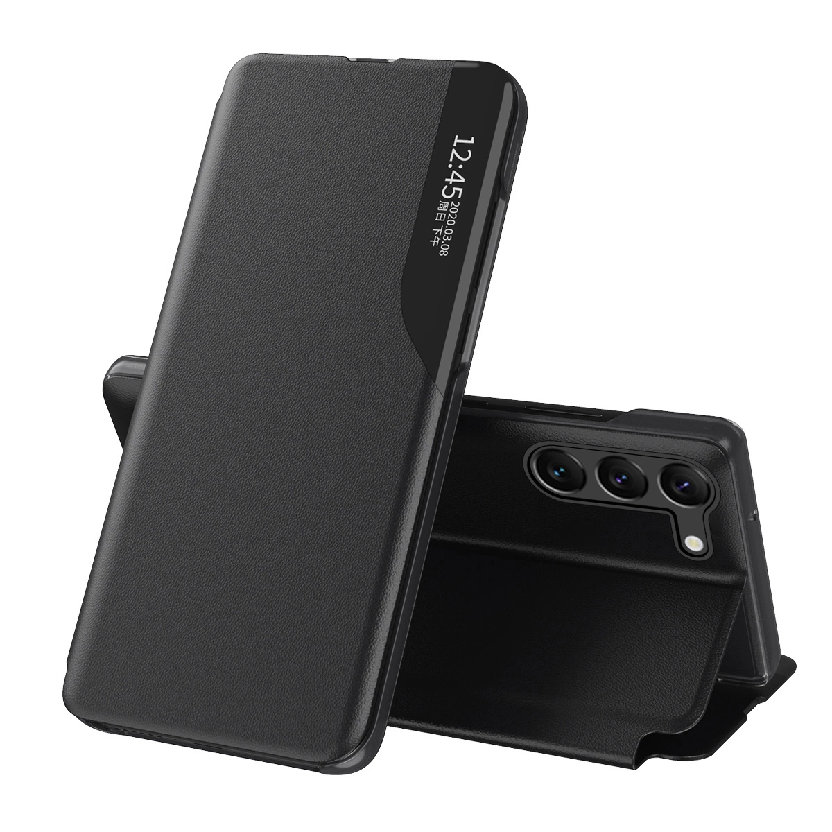 Eco Leather View dėklas Samsung Galaxy S23+ – atverčiamas stovas, juodas