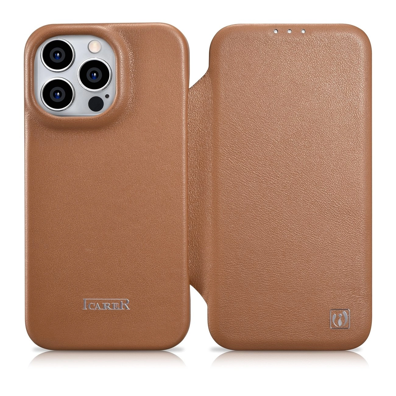 iCarer CE Premium Leather Folio dėklas iPhone 14 Pro magnetinis flip odinis dėklas su MagSafe rudas (WMI14220714-BN)