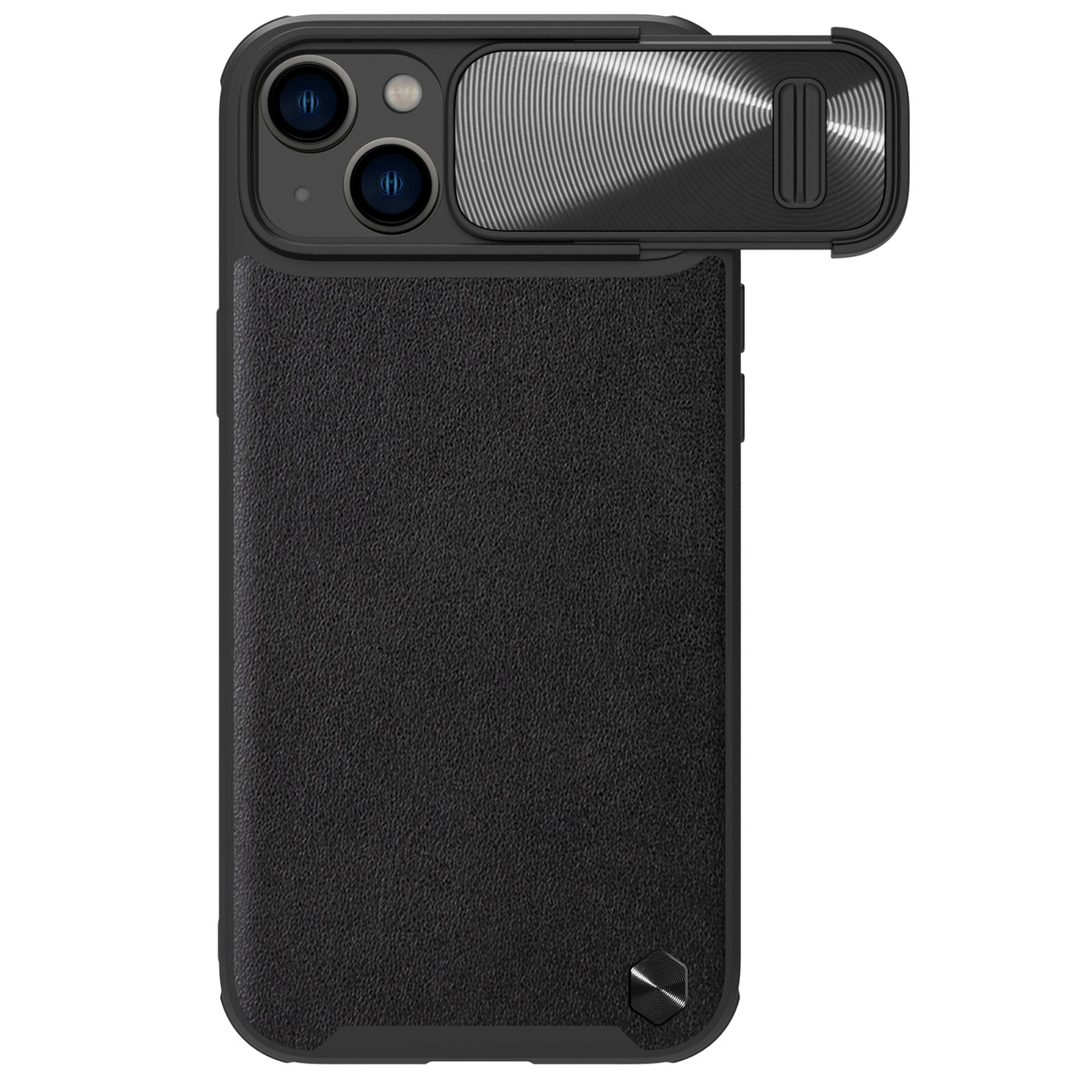 Nillkin CamShield Leather S Case iPhone 14 Plus dėklas su kameros dangteliu juodas