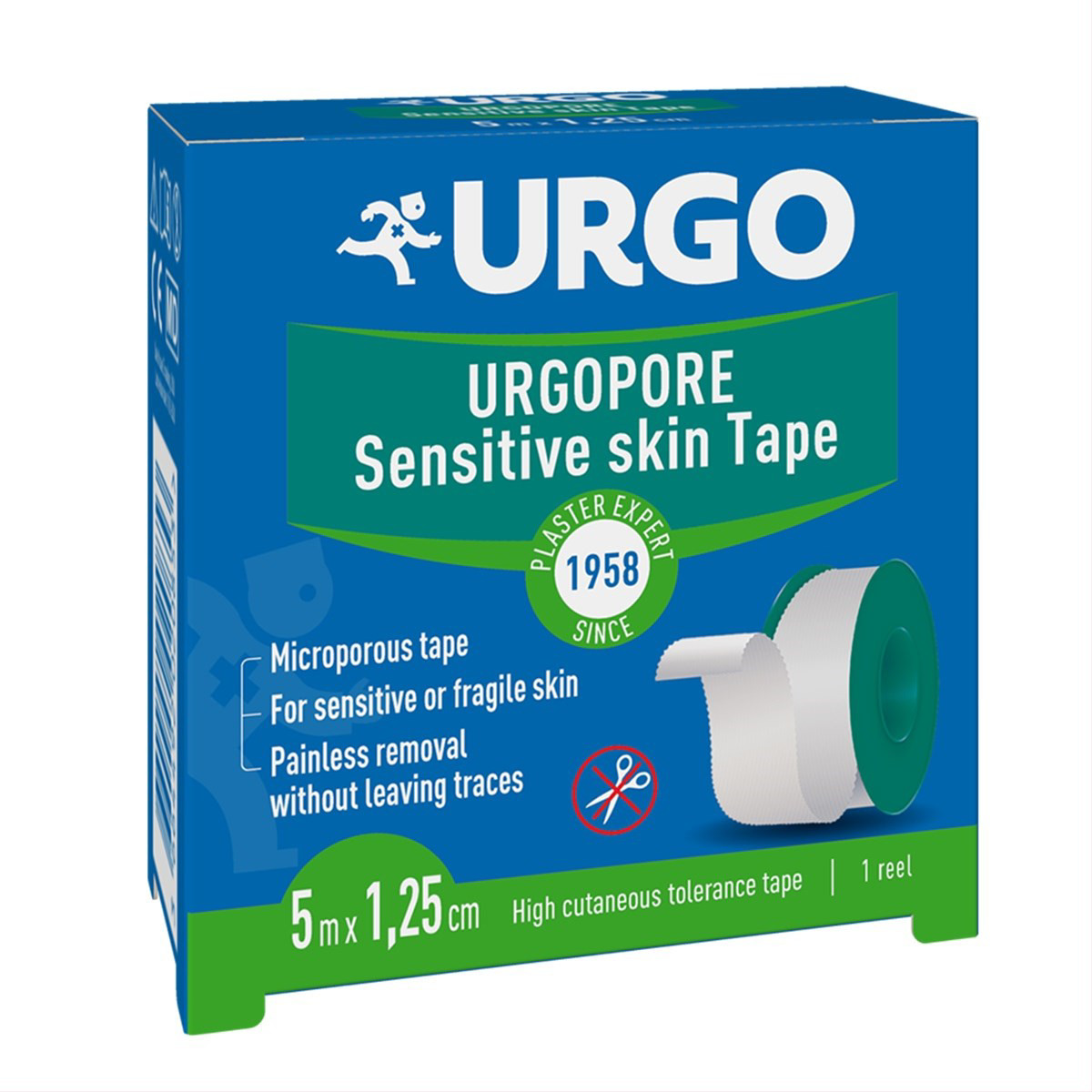 URGO PORE, 1,25 cm x 5 m, pleistras iš celiuliozės ritėje