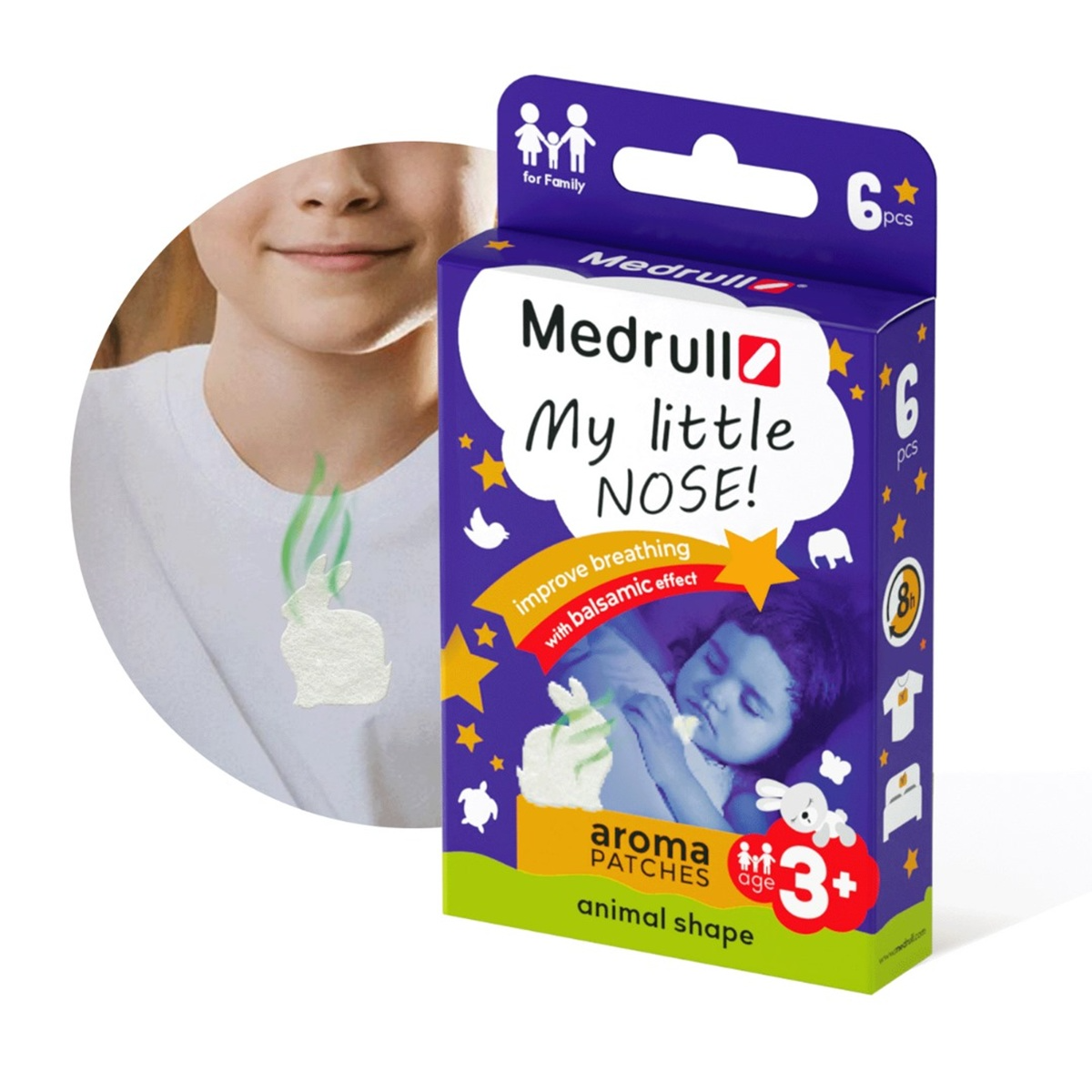 MEDRULL MY LITTLE NOSE ANIMAL SHAPE,  aromatiniai pleistrai, 6 vienetai
