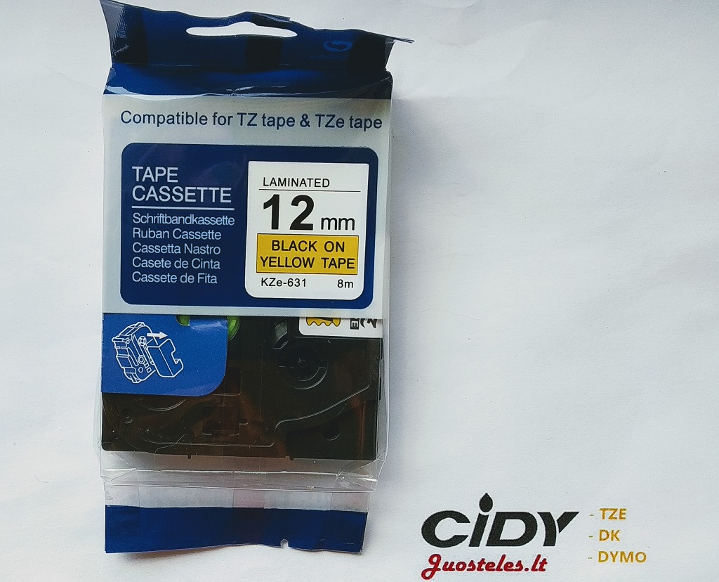 Su Brother suderinama juostelė CiDY TZe 631 12 mm juodas tekstas/geltona juostelė