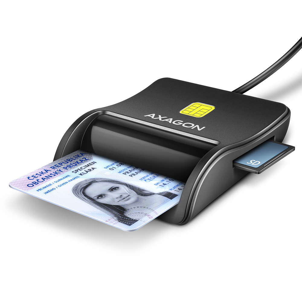 Kortelių skaitytuvas AXAGON CRE-SM3SD, kompaktiškas stalo USB kontaktinis Smart/ID & SD/microSD/SIM, su ilgu USB-A kabeliu, USB 2.0/USB 1.1
