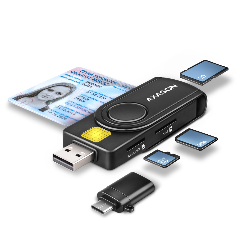 Kortelių skaitytuvas AXAGON Compact travel, USB-A ir USB-C kontaktas, Smart/ID kortelės ir SD/microSD/SIM kortelės, USB 2.0/USB 1.1