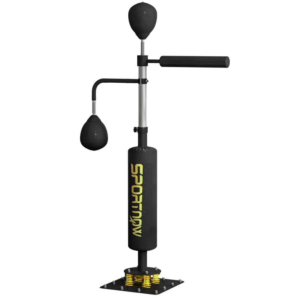 SPORTNOW Boxavimo stendas, du greičio kamuoliukai, besisukanti bokso lazda, smūgio pagalvėlė, reguliuojamas aukštis, plienas, 107 x 36 x 140-205 cm, juodas