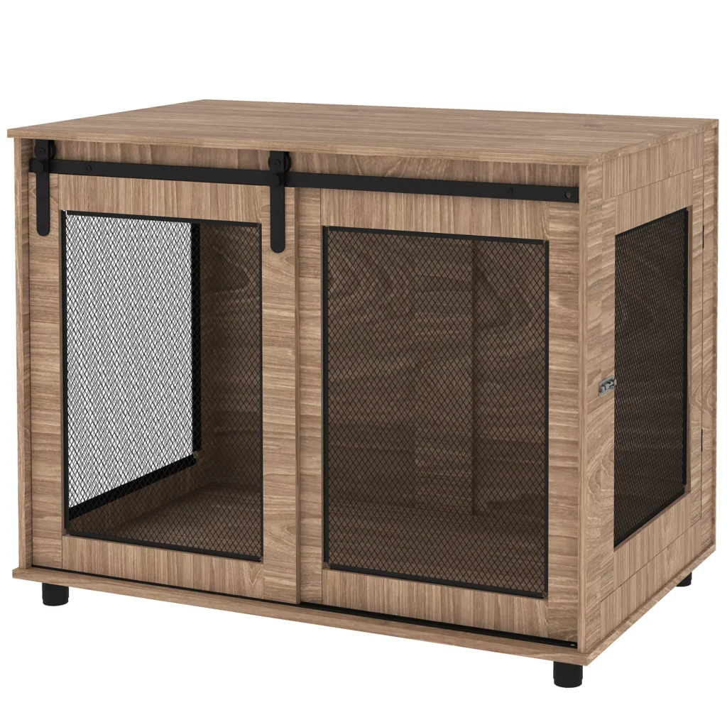 "PawHut" šuns narvo baldai, narvas šunims su 2 rakinamomis durelėmis, šoninis staliukas namams, namas dideliems šunims iki 30 kg, plienas, 98 x 60 x 78 cm, graikinis riešutas