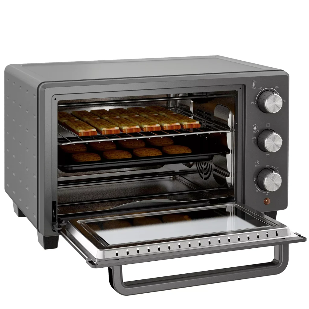 Mini Orkaitė 21L | 1400W, 60 min Laikmatis, Reguliuojama Temperatūra 100–230 °C, Su Kepimo Skardomis ir Vieliniu Stovu, Nerūdijančio Plieno, Pilka