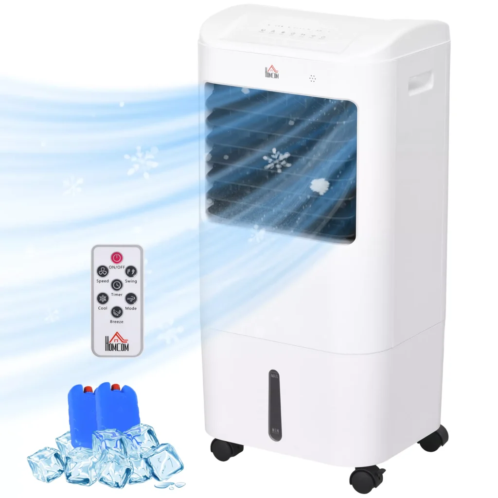"HOMCOM 3 in 1" mobilusis oro kondicionierius su drėkinimu Vėsinimas vandeniu 15L 60° osciliacinis oro kondicionierius Oro aušintuvas su 7,5 val. laikmačiu, nuotolinio valdymo pultu, LED ekranu, skirtas 20 ㎡ Baltas 37 x 32 x 78 cm