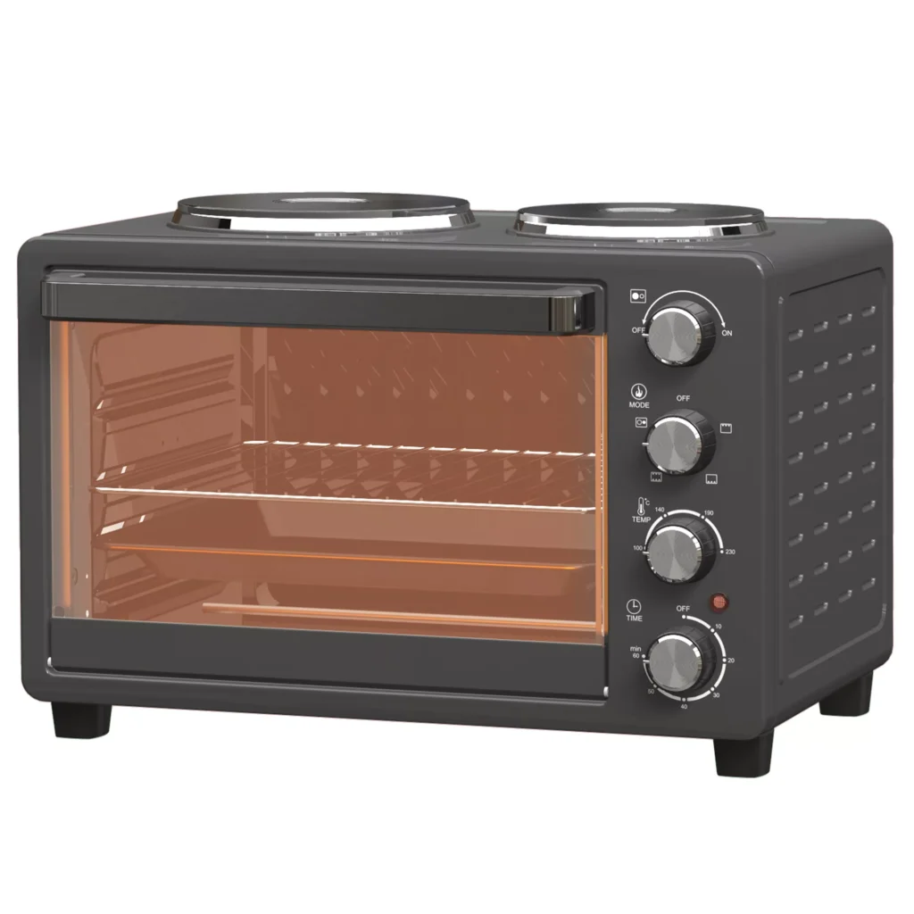 HOMCOM Mini orkaitė 28 L 2600 W Mini orkaitė 100-230 ℃ 60 min. laikmatis, su 2 pašildymo plokštėmis, kepimo skardomis ir grotelėmis Krosnelė picai su trupinių dėže, dėklo rankena Juoda