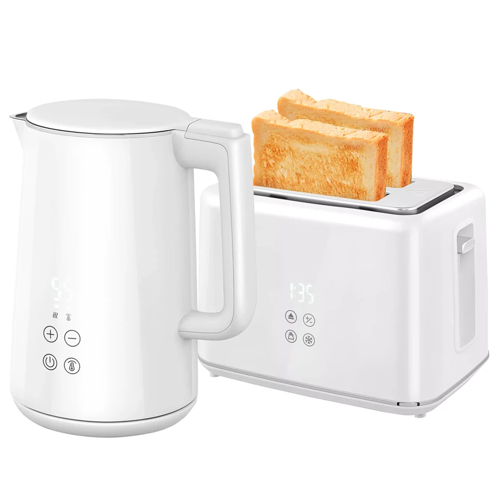HOMCOM virdulys ir skrudintuvas, 1,5 l virdulys ir skrudintuvas 2 skrudinimo riekelėms, 2200 W pusryčių rinkinys su 7 skrudinimo lygiais, atitirpinimo ir pašildymo funkcija, automatiniu išjungimu ir LED indikatoriumi, baltas