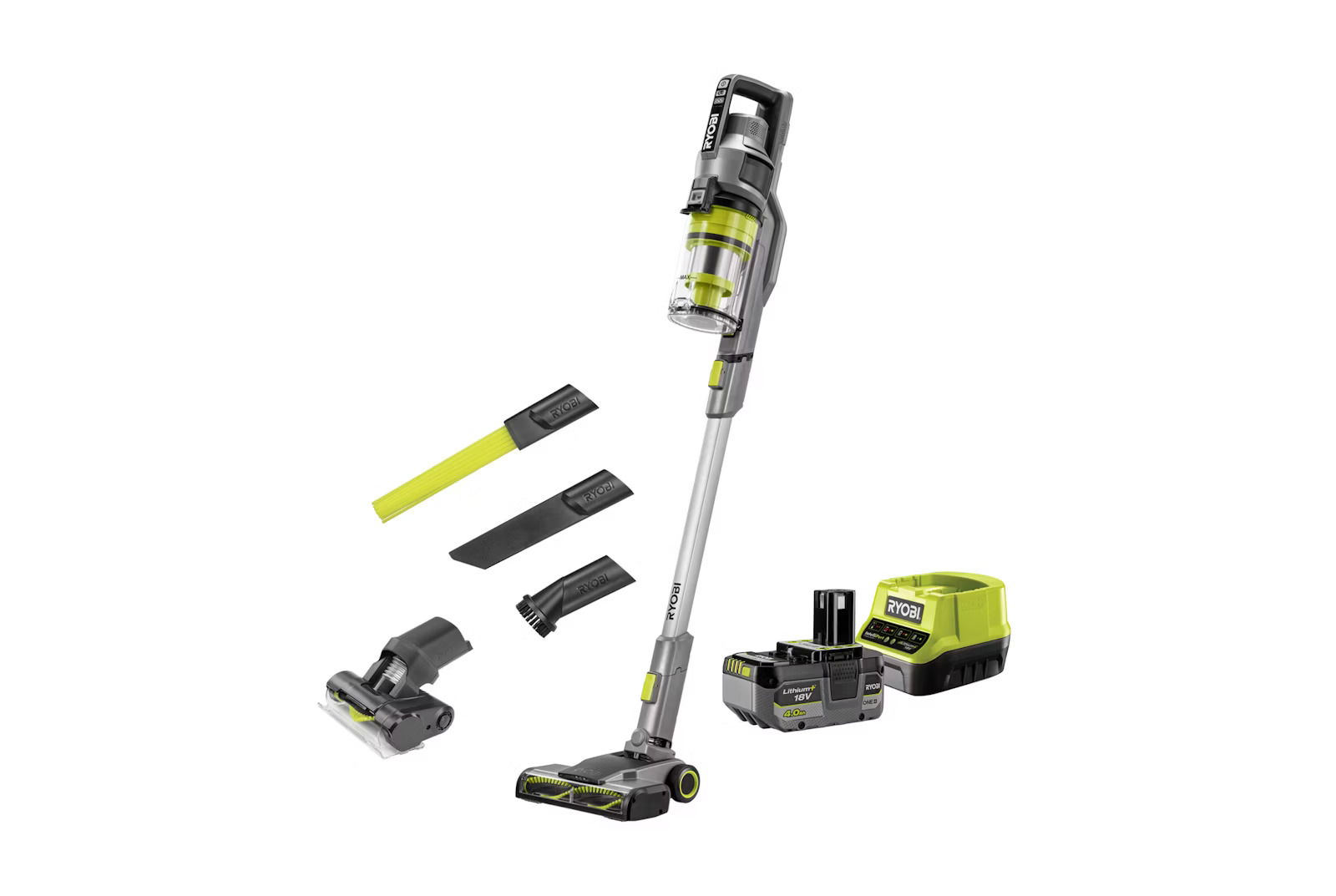 Dulkių siurblys - šluota RYOBI RSVS18-1X40GL 18 V ONE+, su akumuliatoriumi 4.0 Ah