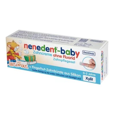 DENTINOX 0-2 m. dantų pasta be fluoro 20 ml ir silikoninis antpirštis-dantų šepetėlis Nenedent-Baby