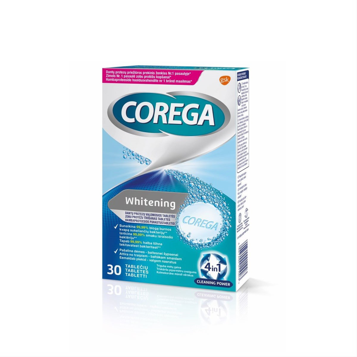 COREGA CLEANSERS DENTAL WHITE, dantų protezų valymo tabletės, 30 vnt.