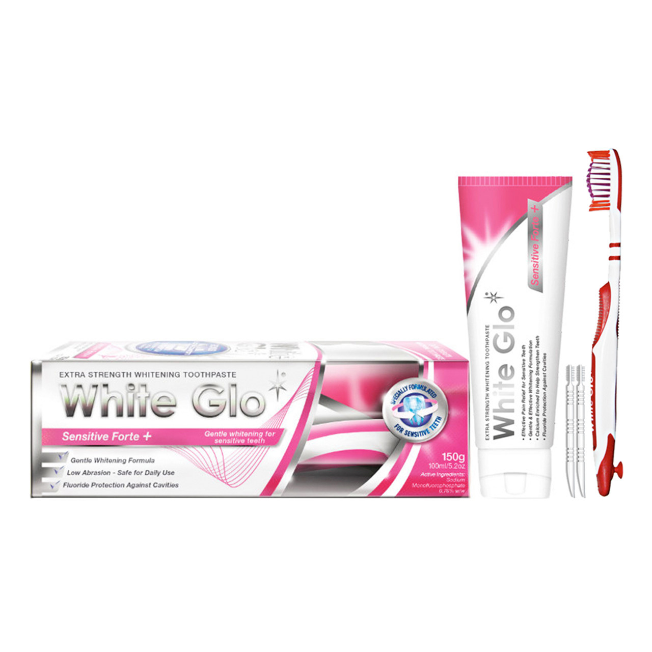 WHITE GLO SENSITIVE FORTE + balinamoji dantų pasta jautriems dantims, 150 g + dantų šepetėlis
