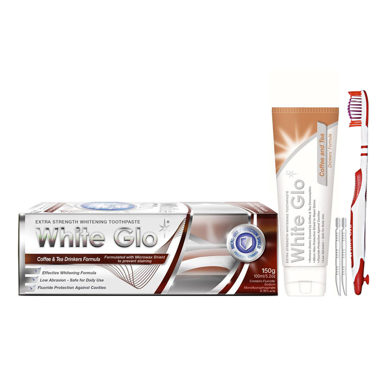 WHITE GLO COFFEE & TEA balinamoji dantų pasta kavos ir arbatos mėgėjams, 150 g + dantų šepetėlis