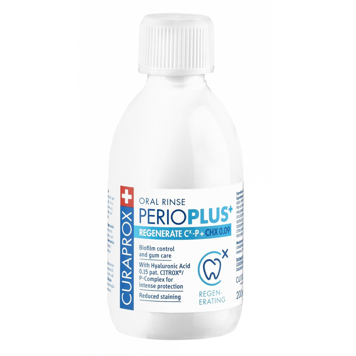 CURAPROX PERIOPLUS+, burnos skalavimo skystis su hialurono rūgštimi ir 0,09 % chlorheksidino, 200 ml